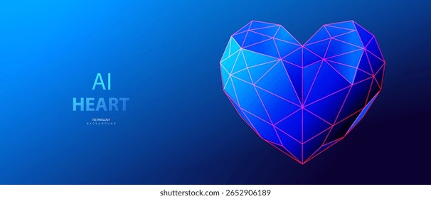 Wireframe AI heart in low poly style. Ai futuristic love technology background. Vector happy valentine's day banner.
