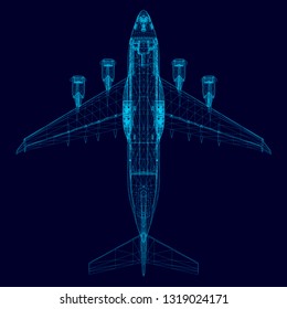 Wireframe of the aircraft from the blue lines. Polygonal plane. View from above. 3D. Vector illustration.