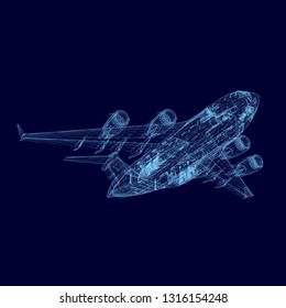 Wireframe of the aircraft. Bottom view. 3D. Polygonal plane of the blue lines. Vector illustration.