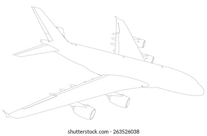 Wire-frame airplane. Top view. Isolated on white background. Vector Illustration rendering of 3d