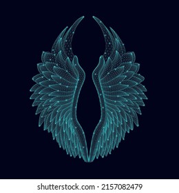 Wireframe of angel wings with glowing lights from blue lines isolated on a dark background. 3D. Vector illustration.