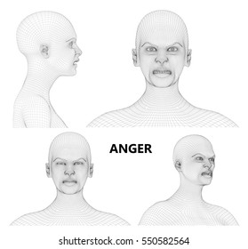 Wireframe of angry woman. 3d computer generated rendering.