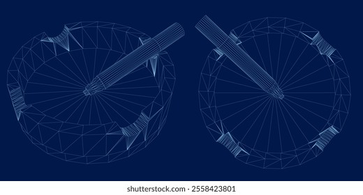 Wireframe Ashtray with cigarettes isolated on blue. Vector illustration.