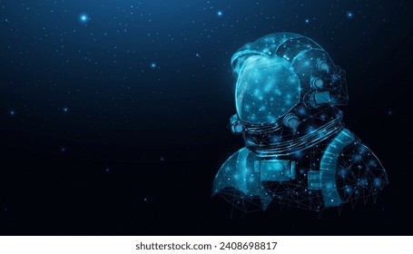 Astronauta de alambre en la galaxia espacial se cierran. Casco de cosmonauta polígono futurista, concepto de turismo espacial. Un fondo abstracto estrellado con humanos brillantes. Ilustración vectorial. 