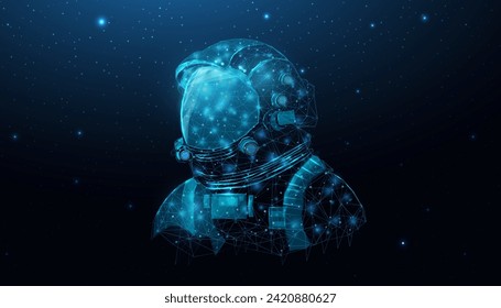 Wireframe astronaut in space galaxy close up. Futuristic polygonal cosmonaut helmet, space tourism concept. Starry abstract background with glowing human. Vector illustration. 