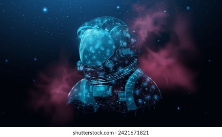 Wireframe astronaut in space galaxy close up. Futuristic polygonal cosmonaut helmet, space tourism concept. Starry abstract background with glowing human. Vector illustration. 