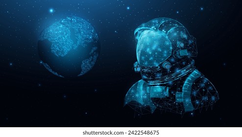 Wireframe astronaut in space galaxy close up. Futuristic polygonal cosmonaut helmet, space tourism concept. Starry abstract background with glowing human. Vector illustration. 