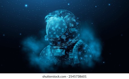 Astronauta na galáxia espacial se aproxima. Capacete cosmonauta poligonal futurista, conceito de turismo espacial. Fundo abstrato estrelado com humano brilhante. Ilustração vetorial. 