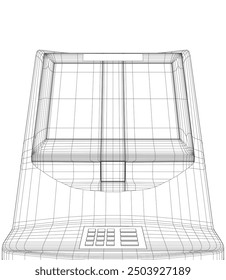 Wireframe ATM with display. Bank terminal for transaction, withdraw money and deposit to account. Vector illustration of outline cash machine with copy space for your text. 3D