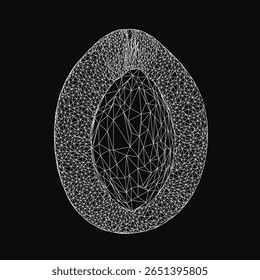 A wireframe avocado in cross-section with a visible pit, composed of clean white lines on a black background. This minimalist vector illustration features geometric shapes and precise contours