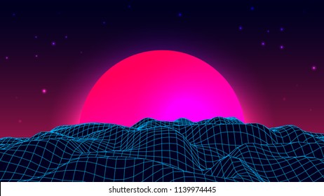 Wireframe background landscape. 1980s retro wave style. Sci-Fi futuristic vector illustration of sunrise or sunset.