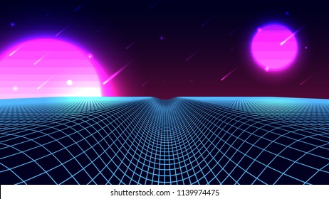 Wireframe background landscape. 1980s retro wave style. Sci-Fi futuristic vector illustration with a starfall.