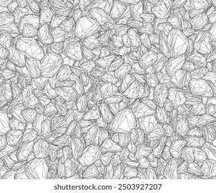 Wireframe background with many stones from black lines isolated on white background. Vector illustration.