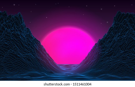 Wireframe background mountain landscape. 1980s retro wave style. Sci-Fi futuristic vector illustration of sunrise or sunset with starry sky