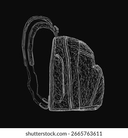 A wireframe backpack features intricate geometric shapes and clean lines on a black background. The design highlights structural details with a modern, minimalist aesthetic. Perfect for tech, design.