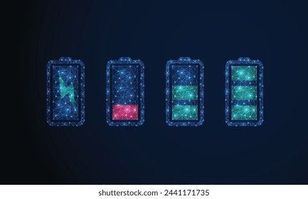 Batería de alambre. Icono de estado de carga de la batería. Iconos de carga de batería poligonales abstractos establecen bajo poli alto voltaje, carga de batería larga, y energía, concepto de tecnología.
