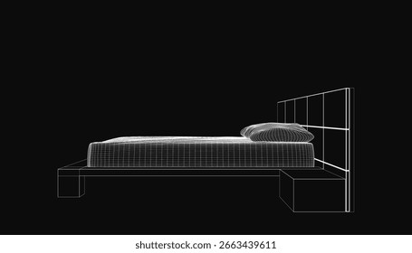 Uma cama wireframe com um travesseiro é desenhado em preto e branco contra um fundo escuro. O design minimalista apresenta linhas limpas e simplicidade geométrica.