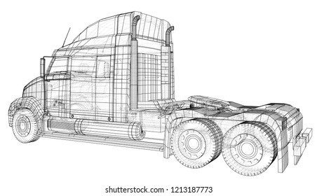 Wire-frame Big truck vector. Isolated on white background. Tracing illustration of 3d. EPS 10 vector format.