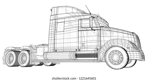 Wire-frame Big truck vector. Isolated on white background. Tracing illustration of 3d. EPS 10 vector format.