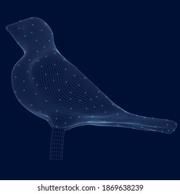 Wireframe of a bird made of blue lines on a dark background with glowing lights. 3D. Vector illustration
