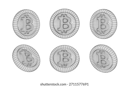 Colección de monedas de Bitcoin de marco de alambre. Aislado 3d Btc juego de monedas. Conjunto de iconos de moneda criptográfica. Ilustración vectorial