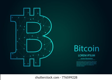 Wireframe bitcoin. With glowing point and lines scales on the dark gradient background, 3D mesh polygonal network connections.Vector illustration.