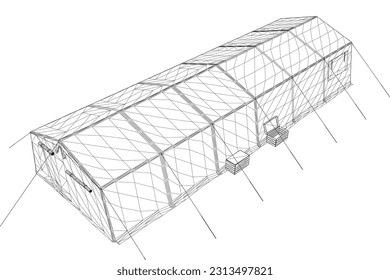 Wireframe black white tent. Vector illustration isolated on white background. Tent for hiking and traveling, military. Wireframe tent for wild life in nature, military..