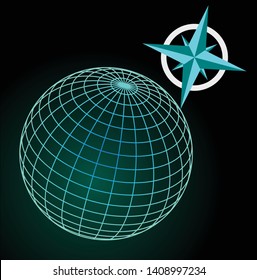 Wireframe blue and green globe on dark sky with stars, cardinal directions symbole