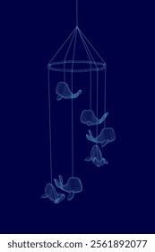 Wireframe Blue toys whale hanging on ropes illustration isolated on blue background.