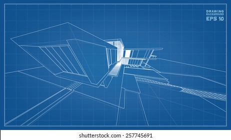 Wireframe blueprint drawing of 3D building. Vector illustration.