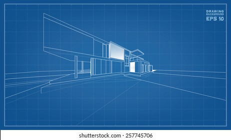 Wireframe blueprint drawing of 3D building. Vector illustration.
