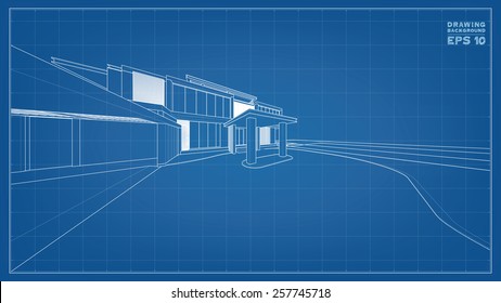 Wireframe Blueprint Drawing Of 3D Building. Vector Illustration.