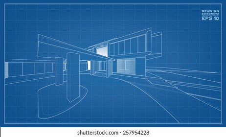 Wireframe blueprint drawing of 3D building. Vector illustration.