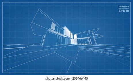 Wireframe blueprint drawing of 3D building. Vector illustration.