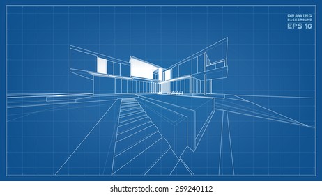 Wireframe blueprint drawing of 3D building. Vector illustration.