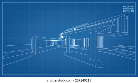 Wireframe blueprint drawing of 3D building. Vector illustration.