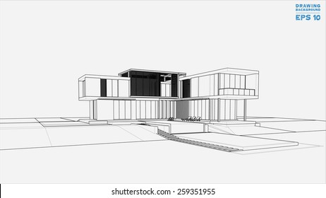Wireframe blueprint drawing of 3D building. Vector illustration.