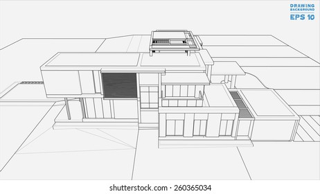 Wireframe blueprint drawing of 3D building. Vector illustration.