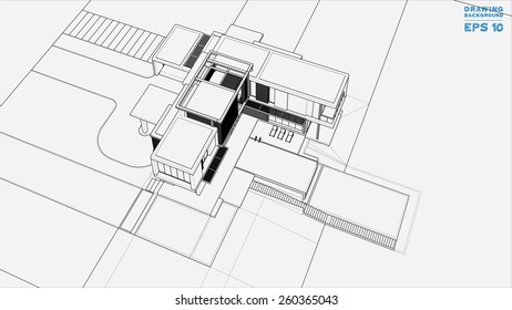 Wireframe blueprint drawing of 3D building. Vector illustration.