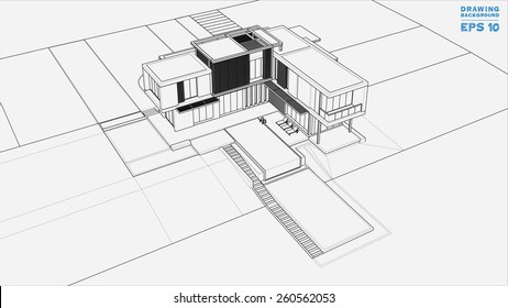 Wireframe blueprint drawing of 3D building. Vector illustration.