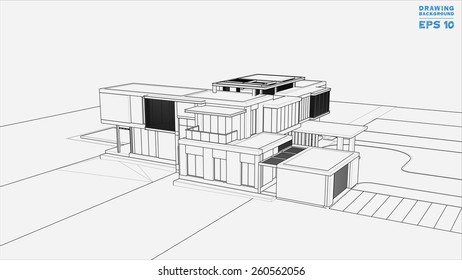 Wireframe blueprint drawing of 3D building. Vector illustration.
