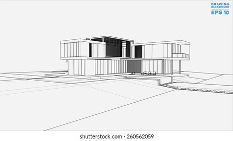 Wireframe blueprint drawing of 3D building. Vector illustration.