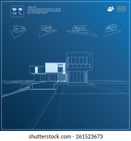 Wireframe blueprint drawing of 3D building. Vector architectural template background.