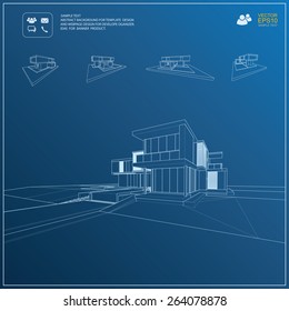 Wireframe blueprint drawing of 3D building. Vector architectural template background.