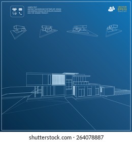 Wireframe blueprint drawing of 3D building. Vector architectural template background.
