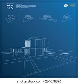 Wireframe blueprint drawing of 3D building. Vector architectural template background.