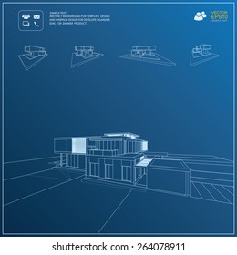 Wireframe blueprint drawing of 3D building. Vector architectural template background.