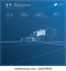Wireframe blueprint drawing of 3D building. Vector architectural template background.
