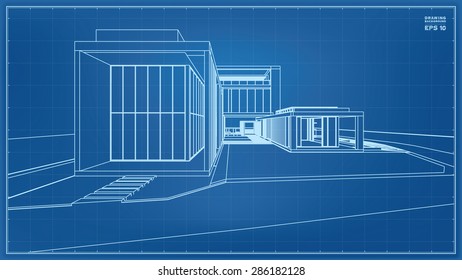 Wireframe blueprint drawing of 3D building. Vector illustration.
