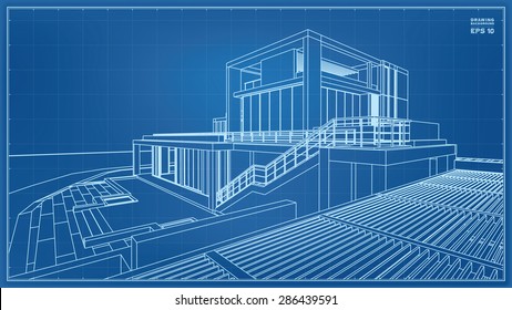 Wireframe blueprint drawing of 3D building. Vector illustration.